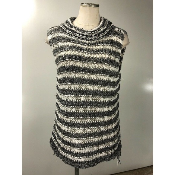 Mystree Stripe Tank Mock Neck Fringed Back Sweater - Picture 1 of 8